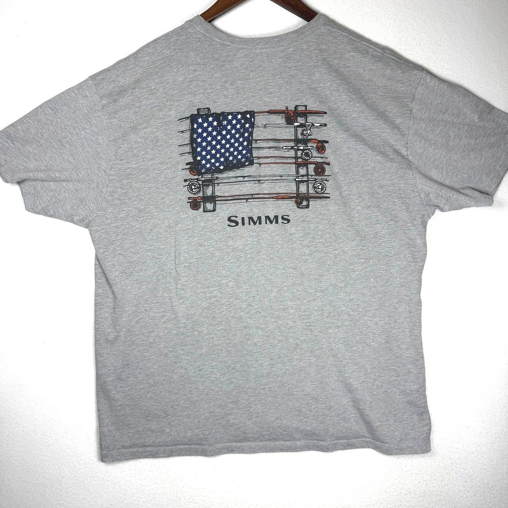 Simms Fishing Products Mens XL Gray American Flag Fishing Rod Graphic T-Shirt